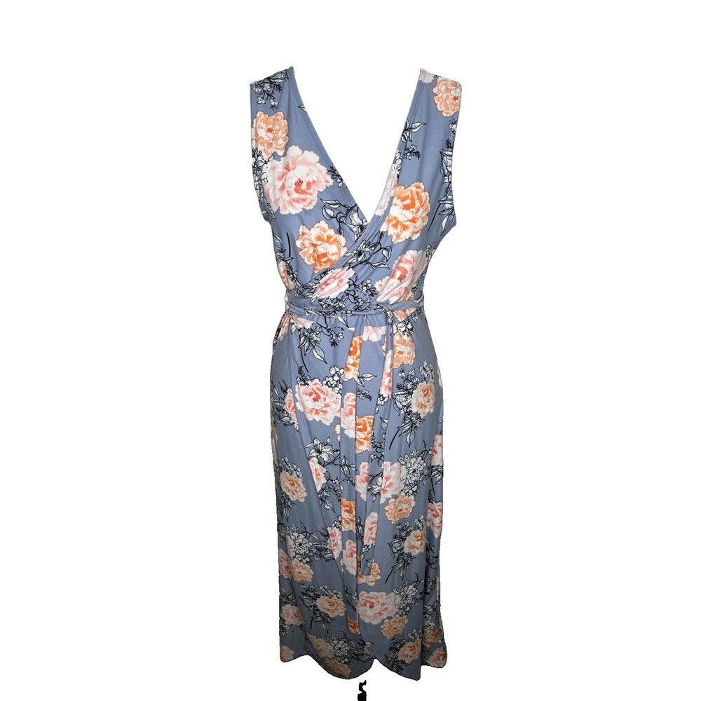 Derek Heart Size Large Floral Faux Wrap Maxi Dress Slate Blue Rose Soft Knit